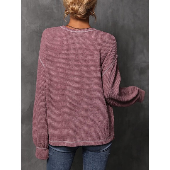 Minimalist Bishop Sleeve Pocket Patched Topstitching Tee waffle thermal - Picture 4 of 10